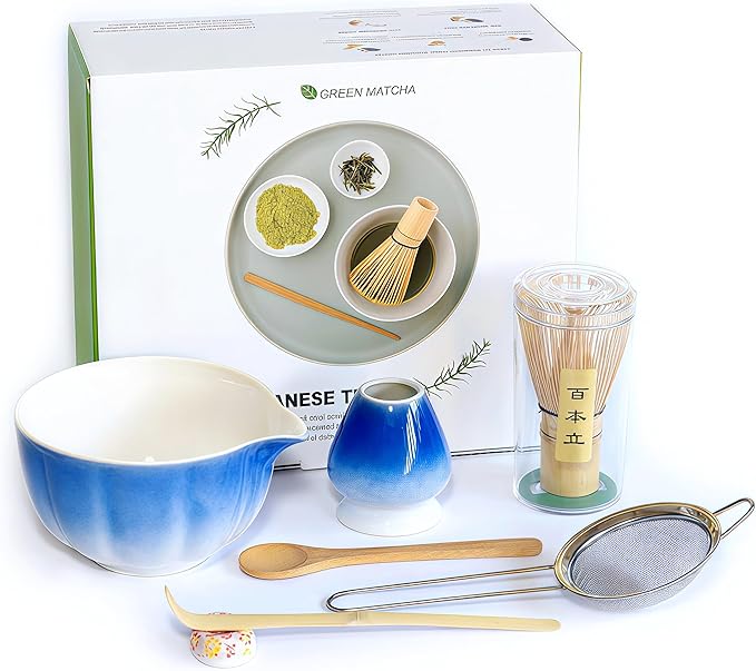 Matcha Whisk Set – 7 Pcs Japanese Tea Set with Bowl, Bamboo Whisk, Scoop, Holder, Sifter – Traditional Matcha Kit for Ceremony, Gift for Matcha Lovers