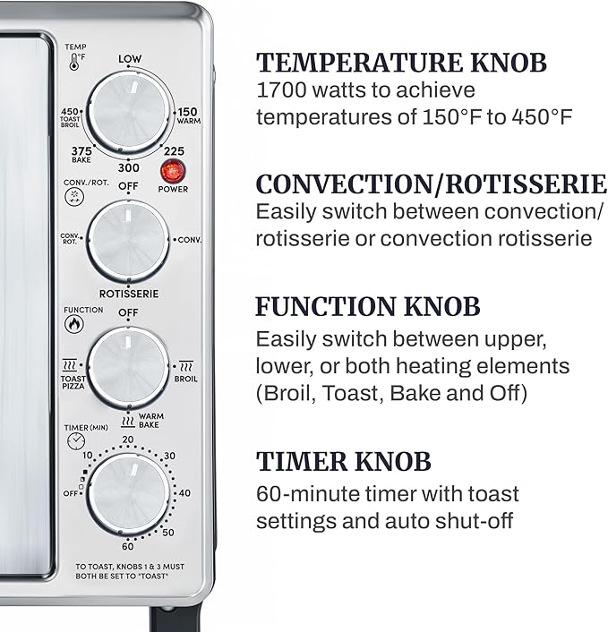 Elite Gourmet ETO4524 45L Countertop Convection Toaster Oven, French Doors, Adjustable Temperature & Timer, Bake, Roast, Broil, Toast, Includes Baking Pan, Rack, Rotisserie, Stainless Steel