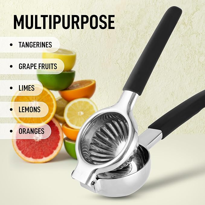 Zulay Lemon Squeezer Stainless Steel with Premium Heavy Duty Solid Metal Squeezer Bowl (Black Grip, Large)