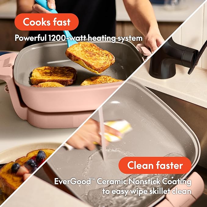 bella Make & Take Electric Skillet, Fits-anywhere™ kitchenware, EverGood™ Ceramic Coating, Adjustable Temperature & Dishwasher-Safe Tempered Glass Lid, Cast Aluminum Base, 1200 Watt, Blossom