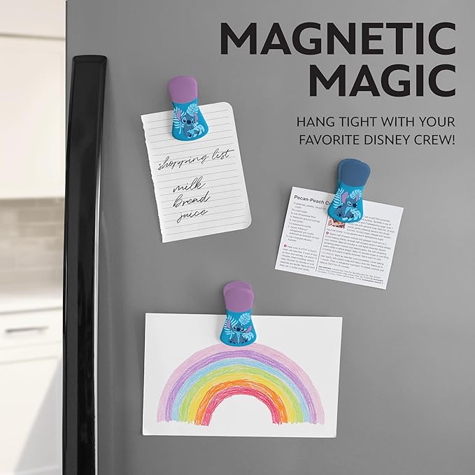 Disney Magnetic Chip Clips – Set of 6 Bag Clips for Food Storage - Mickey, Minnie, Lilo & Stitch, Winnie The Pooh – Durable Airtight Bag Chip Clips for Pantry & Fridge Use