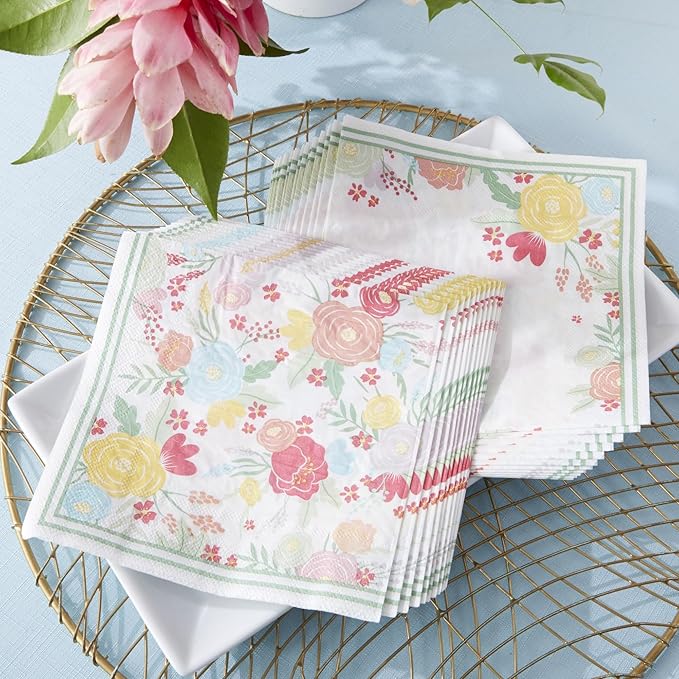 Kate Aspen Garden Blooms 62pc Paper Plates Napkins, 16pcs 7 inch & 16pcs 9 inch Heavy Duty Disposable Party Plates, 30pcs 6.5 inch Durable Paper Napkins for Bridal Shower, Baby Shower, Wedding Party
