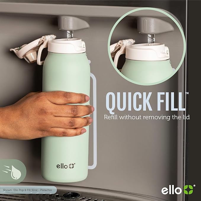 Ello Pop & Fill 32oz Stainless Steel Water Bottle with Quick Fill Technology, Double Walled and Vacuum Insulated Metal, Leak Proof Locking Lid, Sip and Chug, Reusable, BPA Free, Sunset Meadow