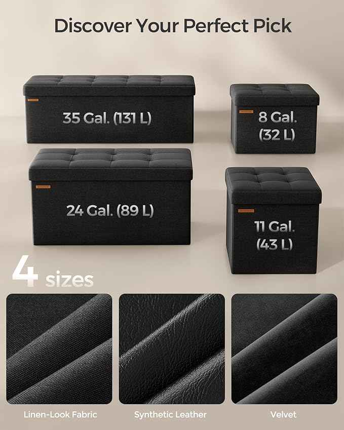 SONGMICS MAZIE Collection - 43 Inches Folding Storage Ottoman Bench, Ottoman Foot Rest, End of Bed Bench, Storage Chest, Load 660 lb, for Living Room, Bedroom, Entryway, Ink Black ULSF077B01