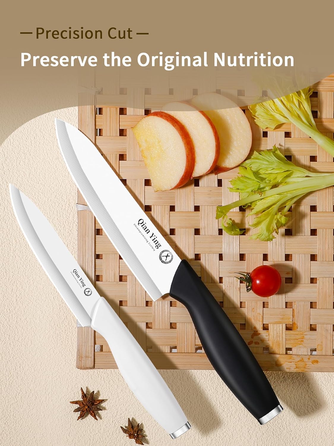 Ceramic Knife Set for Kitchen with Sheath: 100% Zirconia Pure Ceramic Sharp Blade Fruit Cutting Knives 2Pcs with Cover Rustproof Clean Cut Edge White and Black, No Scratches on Titanium Cutting Boards