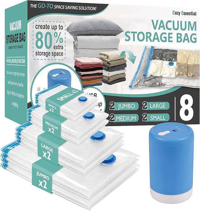 Cozy Essential Travel Vacuum Clothes Bags with Rechargeable Electric Pump for Luggage, Suitcase, Vacuum Seal Compression Space Saver Bags for Clothing, 8 Pack