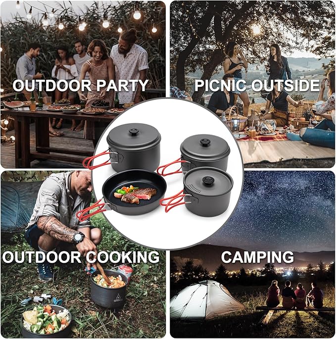 Alocs Camping Cookware Set Camping Gear, Compact Camping Pots and Pans Set, Durable Hard Alumina Camping Cooking Set for Outdoor Backpacking Camping Hiking Picnic, Included Mesh Carry Bag