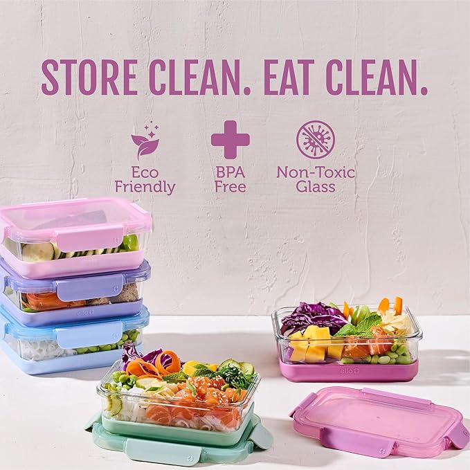Ello Duraglass Refresh 3.4 Cup Meal Prep Sets 10Pc, 5 Pack Set- Glass Food Storage Container with Silicone Boot and Airtight BPA-Free Plastic Lids, Dishwasher, Microwave and Freezer Safe,Dusk Delight