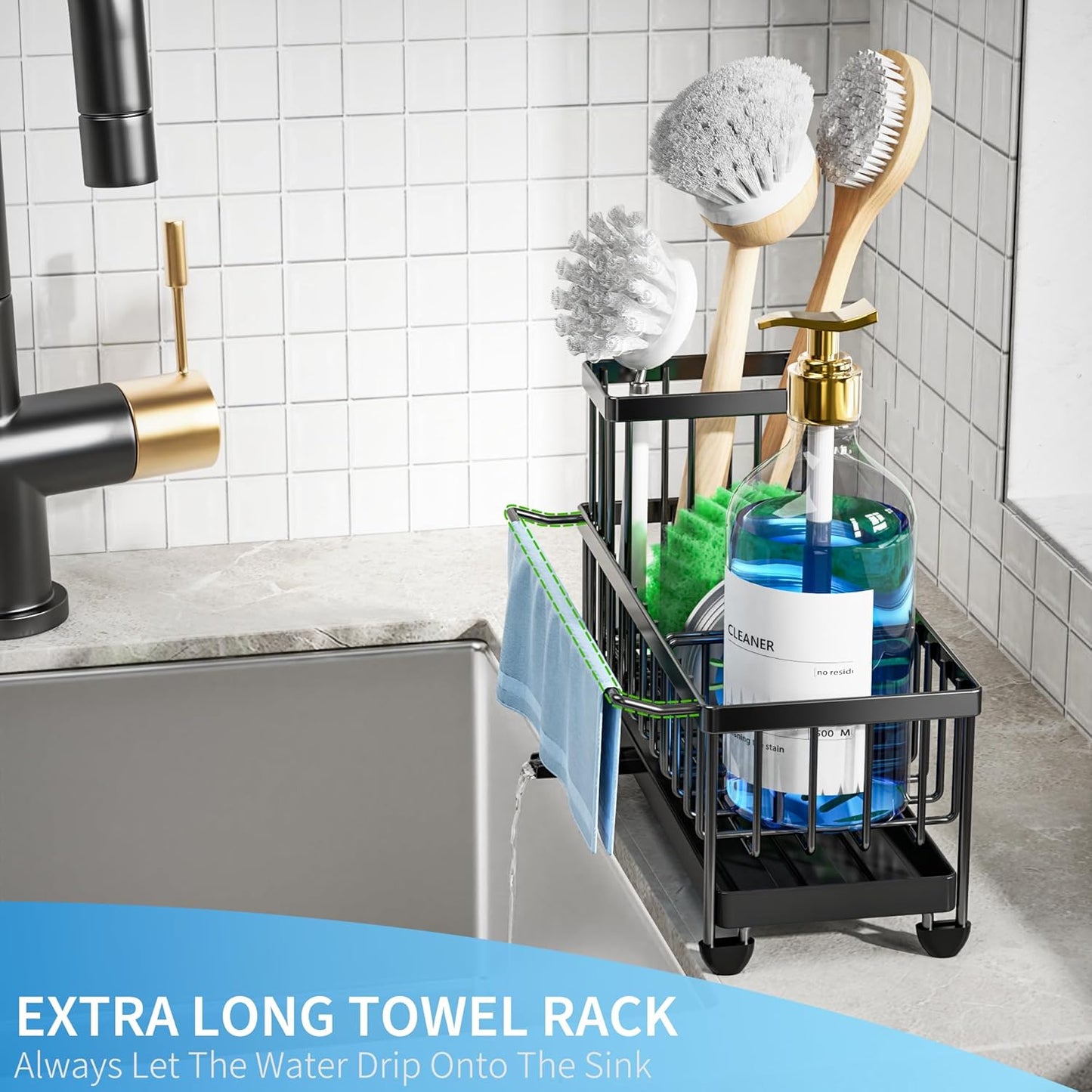 Cisily Sponge Holder for Kitchen Sink with Towel Rack, Sink Caddy with Kitchen High Brush Holder, Organzier Rustproof 304 Stainless Steel Dish Organizer Divider, Soap Dispenser Storage