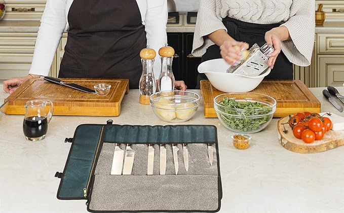 Denifiter Professional Chef's Knife Bag with Anti Cutting Fabric Inside, Heavy Duty 16oz Waxed Canvas Knife Roll, 11 Slots & Durable Handle Adjustable Shoulder Strap (Dark Green)