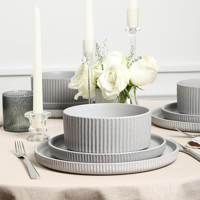 Stone Lain Haven Stoneware 12-Piece Dinnerware Set, Grey - Plates and Bowls Sets for 4, Elegant Dish Set, Includes Dinner Plates, Salad Plates Cereal Bowls, Microwave & Dishwasher Safe