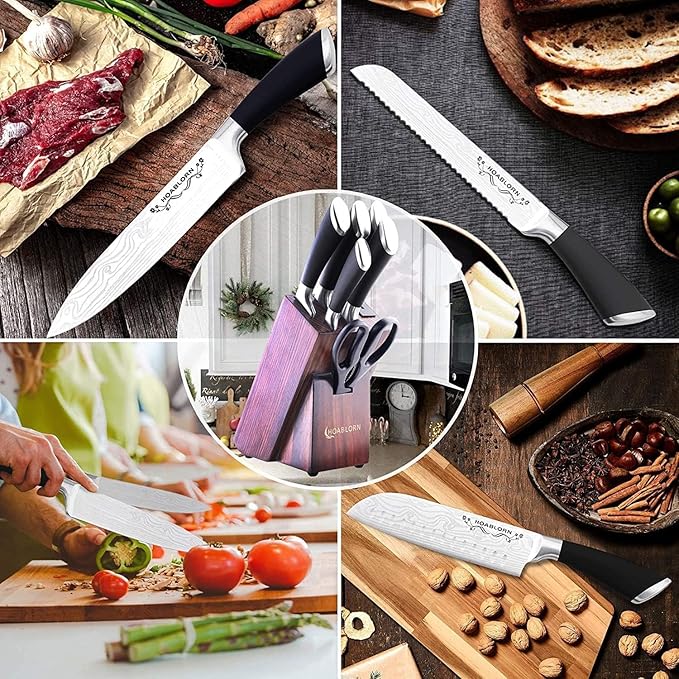 Knife Set, 7-Piece Kitchen Knives Set with Block Professional Stainless Steel Knives Set for Kitchen Damascus Knives Set with Built-in Knife Sharpener for Chef's Family