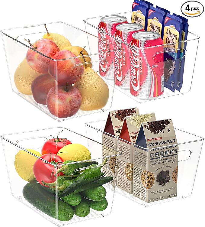 BALEINE Clear Plastic Storage Bins, Pantry Organization, BPA Free Stackable Refrigerator Organizers and Storage with Handles for Kitchen Fridge Cabinet Bathroom (4PK, 9.5x5.5x4.5)