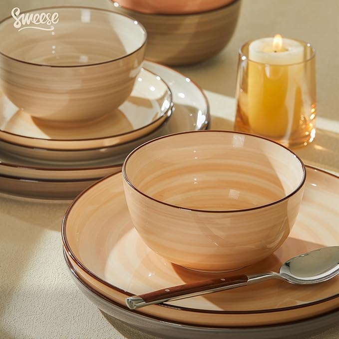 Sweese Plates and Bowls Sets, 18 Piece Dinnerware Set Porcelain Round Dinner Set for 6, Scratch Resistant Dishes Set, Dishwasher and Oven Microwave Safe Handpainted Swirl Dishware Sets, Neutral