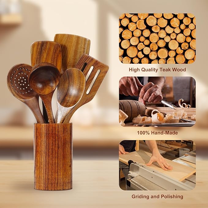 FJNATINH 10 PCS Wooden Spoons for Cooking - Teak Wooden Kitchen Utensil Set - Cooking Mixing Baking - Non-stick Healthy Kitchen Cookware Gifts for Women Housewarming Gifts
