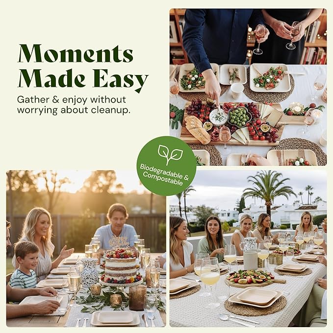 Chic Leaf Palm Leaf Disposable Bamboo Plates – Square, Biodegradable & Compostable Party Plates for Weddings, Parties & Events - Disposable Platter (10", 20 Pack)