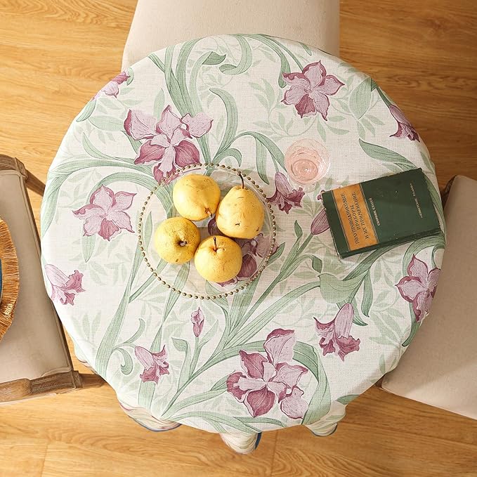 patdrea Designer Linen Small Green Roun Tablecloth,Violets Pattern Vintage French Tablecloths,Floral Decor Table Cover for Kitchen Dining Christmas,Thanksgiving,Tea Party,Diameter 55"-Tara a