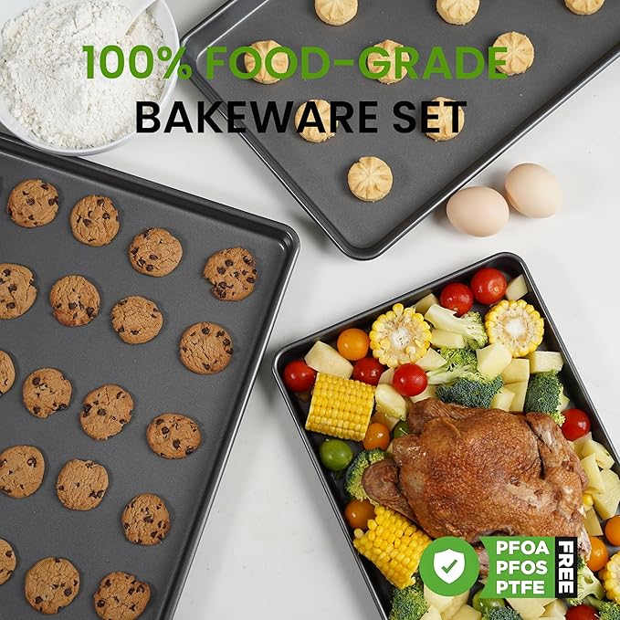 LISI 16" x 12" Half Sheet Pans (2 Pack), Heavy-Duty Nonstick Carbon Steel Baking Sheets for Oven, Cookie Sheet Tray, Roasting Pan, Kitchen Bakeware