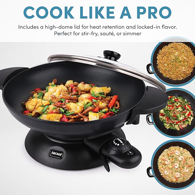 Aroma Housewares AEW-306 Electric Wok with Tempered Glass Lid Easy Clean Nonstick, Cooking Chopsticks, Tempura and Steaming Racks, Professional Model, Black