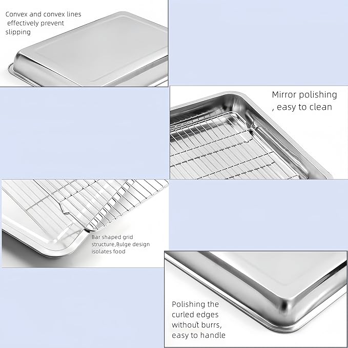 Roasting Pan Heavy Duty Stainless steel Turkey Pans for Oven,Toaster Oven Tray Pans with cooling rack,Hotel Pan, Barbeque Grill Pan,Deep Edge,Mirror treatment, Dishwasher Safe (14"x10.4"x2.8")