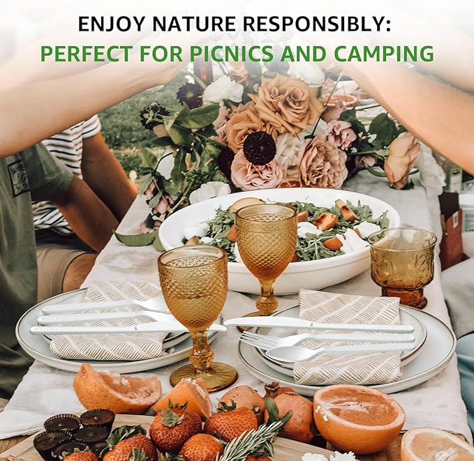 100% Compostable Spoons 60 Count Disposable Soup Spoons Heavy Duty Utensils Disposable Silverware Eco Friendly Flatware for Party Camping Picnics Wedding-Ivory White
