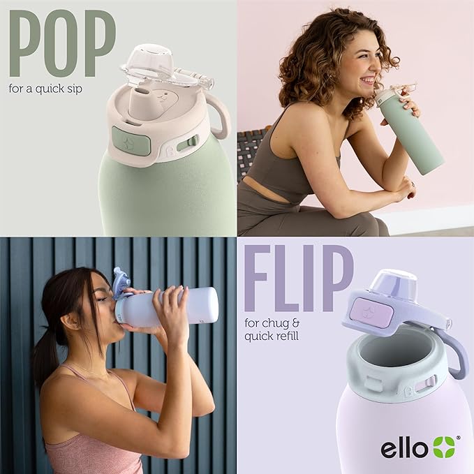 Ello Pop & Fill 22oz Stainless Steel Water Bottle with QuickFill Technology, Double Walled and Vacuum Insulated Metal, Leak Proof Locking Lid, Straw and Chug, Reusable, BPA Free, Serene Bloom
