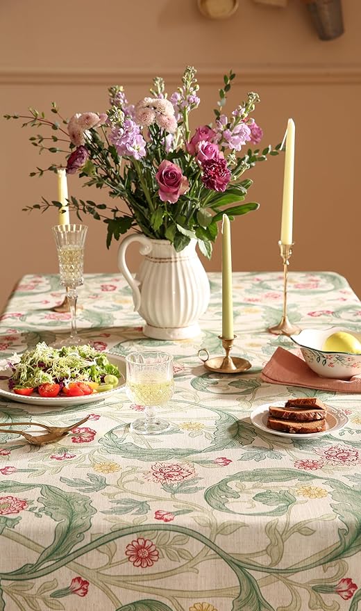 patdrea Designer Green Long Table Cloth for Rectangle Table,Vintage Linen Leaves Pattern Tablecloth,Floral Decor Cover for Kitchen Dining Christmas,Tea Party,Thanksgiving,63"x94"-Cecilia a