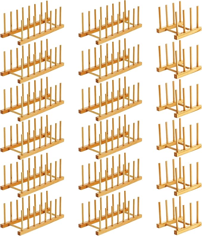 Zopeal 18 Pcs Bamboo Wooden Plate Racks Dish Rack Stand Holder 3/6/ 7 Slots Drainboard Drying Drainer Kitchen Cabinet Organizer for Dish Plate Bowl Cup Pot Lid Book