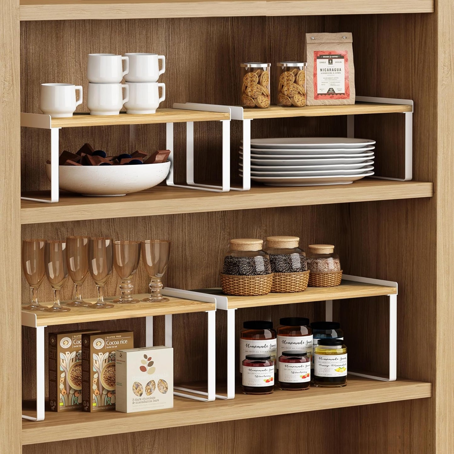 Kitchen Cabinet Organizer Shelf Set of 4, Large Stackable Pantry Cupboard Countertop Storage and Organizer, Desk Shelf Riser, Spice Plate Cup Expandable Storage Rack (Bamboo White)