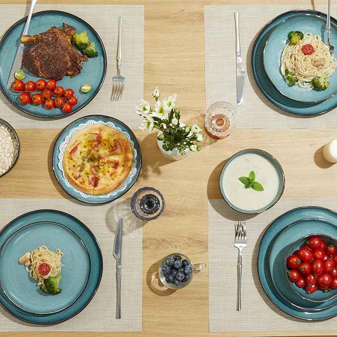 18 Piece Dinnerware Sets for 6, Green Black Reactive Glaze Stoneware | Irregular Artisan Style for Family Dinners, Weekend Gatherings | Scratch‑Resistant, Microwave & Dishwasher Safe