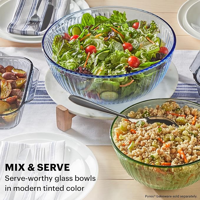 Pyrex Colors Tinted 3-PC, Unlidded Small/Medium/Large Glass Mixing Bowls, Nesting Space Saving Set of Bowls For Prepping and Baking, 1.3QT, 2.3QT & 4.5QT
