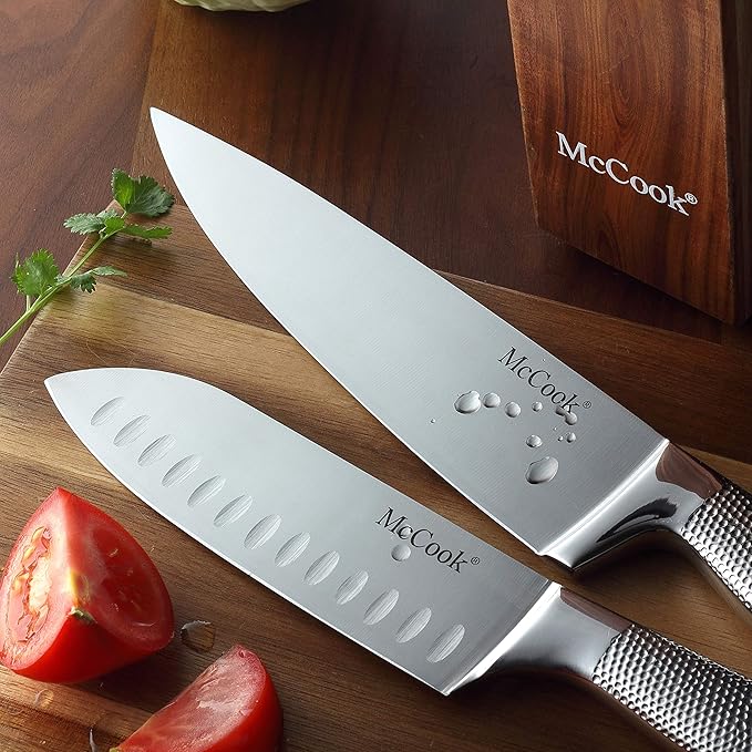 McCook® Premium Knife Sets,Full Tang Hammered German Stainless Steel Kitchen Knife Set with 8 Pieces Steak Knives and Acacia Block