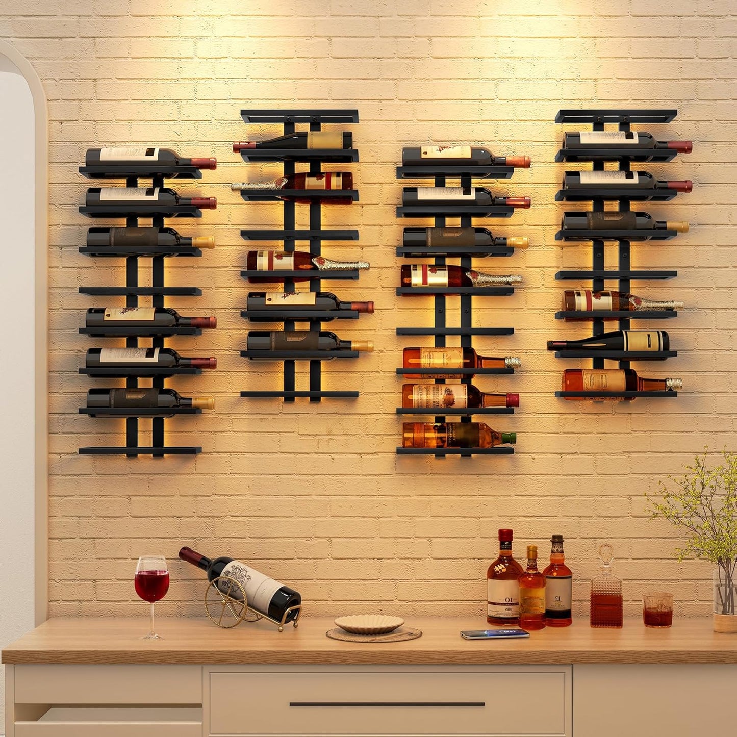 Hoctieon 3-Set 8 Tier Wall Mount Wine Rack (24 Tiers), Wall Racks for Wine Bottles Display and Storage, Hanging Bottle Organizer for Living Room, Dining Room, Wine Cellar, Bar, Black