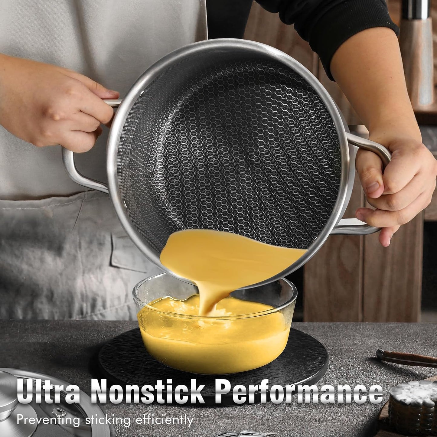 AuFranc™ Hybrid Nonstick 6 Quart Stainless Steel Stockpot with Glass Lid, Induction Stock Pot with Honeycomb Carving, Non-stick Soup Pot Compatible with All Cooktops, Non-Toxic, Dishwasher & Oven Safe