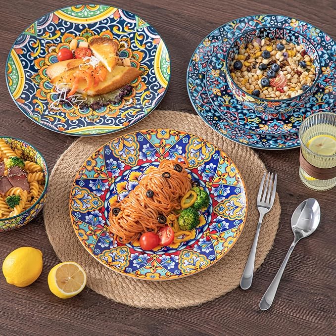 vancasso 12 Pieces Dinnerware Sets, Plates and Bowls Set, Porcelain Dishes Set for 4, Microwave and Dishwasher Safe, Scratch Resistant, Bohemian Style Dining Ware Service for 4, Series SIMI