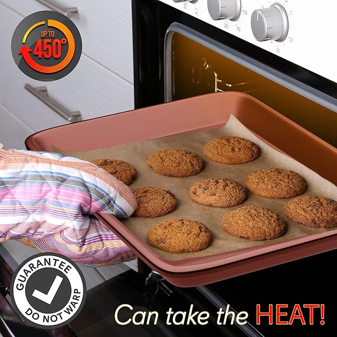 NutriChef Nonstick Cookie Sheet Baking Pan - 2pc Large & Medium Metal Oven Baking Tray, Professional Quality Kitchen Cooking Non-Stick Bake Trays w/ Rimmed Borders, Rose Gold