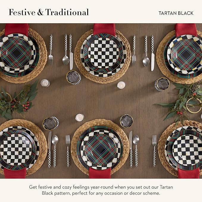 MACKENZIE-CHILDS Enamel Salad and Dessert Plate, Small Plate for a Dessert or Appetizer Dish, 8 Inches, Black Tartan