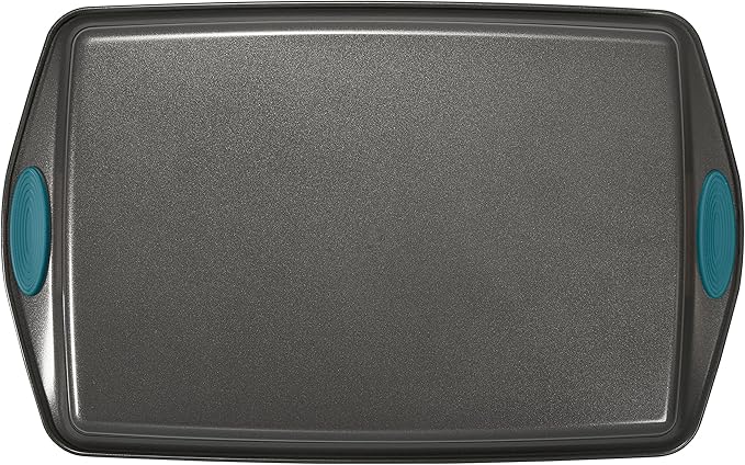 Rachael Ray Nonstick Bakeware Set with Grips includes Nonstick Bread / Baking Pans, Cookie / Baking Sheet and Cake Pans - 10 Piece, Gray with marine blue grips