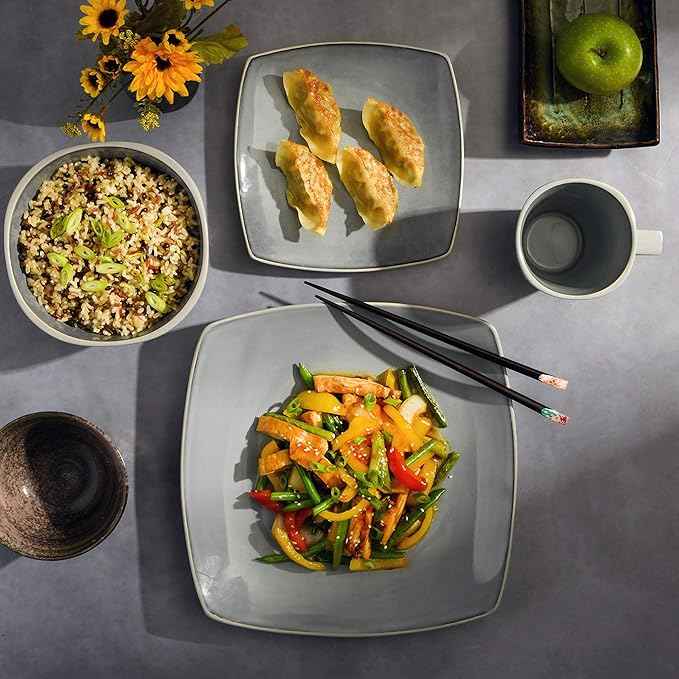 Gibson Elite Soho Lounge Square Reactive Glaze Stoneware Dinnerware Set, Service for 4 (16pc), Light Gray