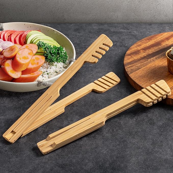2-Pack Bamboo Kitchen Tongs for Cooking – 8.7-Inch Wooden Food Tongs with Wide Grooved Tips, Flip Design for Nonstick Cookware, Salad, BBQ, and Grilling