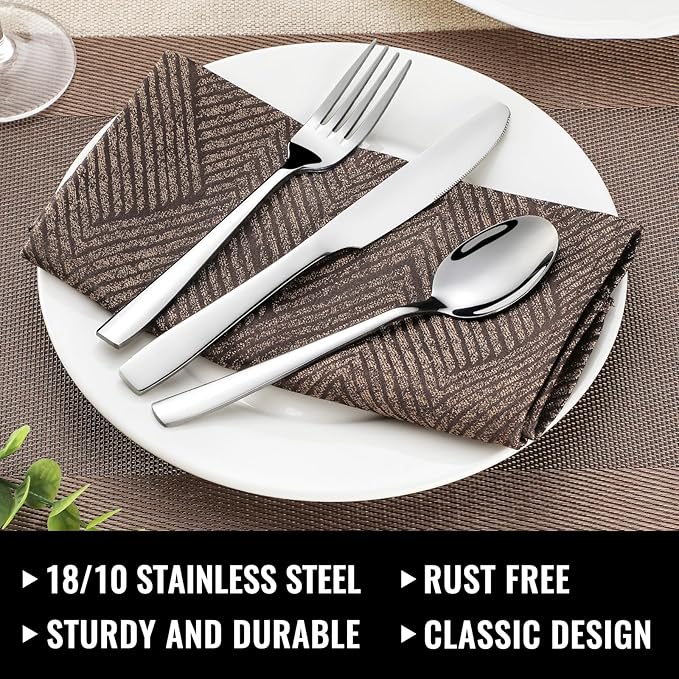 HIWARE 48-Piece Silverware Set with Steak Knives for 8, 18/8 Stainless Steel Flatware Cutlery Set For Home Kitchen Restaurant Hotel, Kitchen Utensils Set, Mirror Polished, Dishwasher Safe