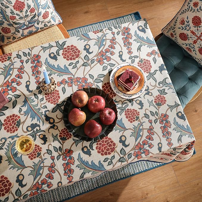 patdrea Designer Vintage Linen Extra Long Tablecloth for Rectangle Table,French Soft Floral Tablecloths,Colorful Table Cover for Kitchen Dining,Parties,Christmas,Thanksgiving,Party,67"x118"-Puno