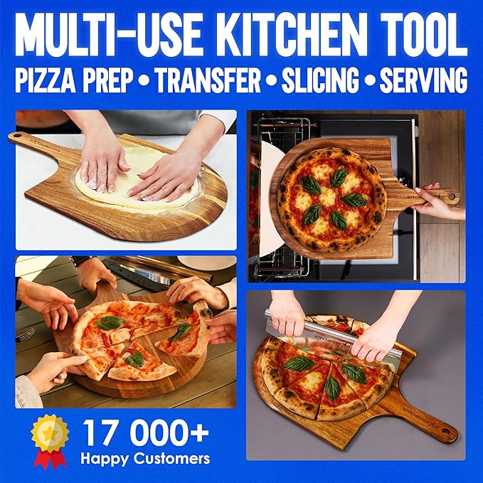 KitchenStar 14-Inch Acacia Wood Pizza Peel – Large Wooden Cutting & Serving Board with Handle – Natural Oil Finish – Ideal Pizza Oven Accessory for Easy Sliding & Prep