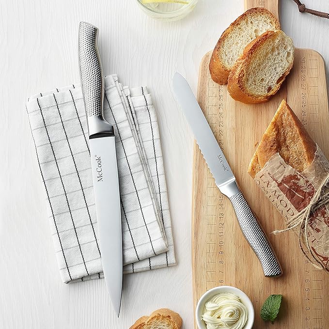 McCook® Premium Knife Sets,Full Tang Hammered German Stainless Steel Kitchen Knife Set with 8 Pieces Steak Knives and Acacia Block
